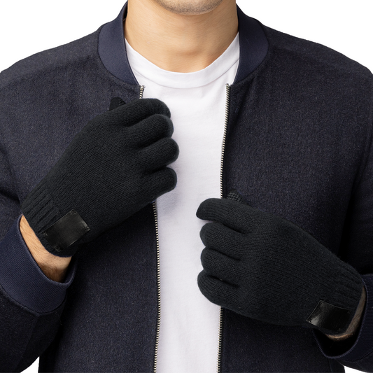 Cashmere Ribbed Gloves with Leather Tab and Touchscreen Sensitive - Black
