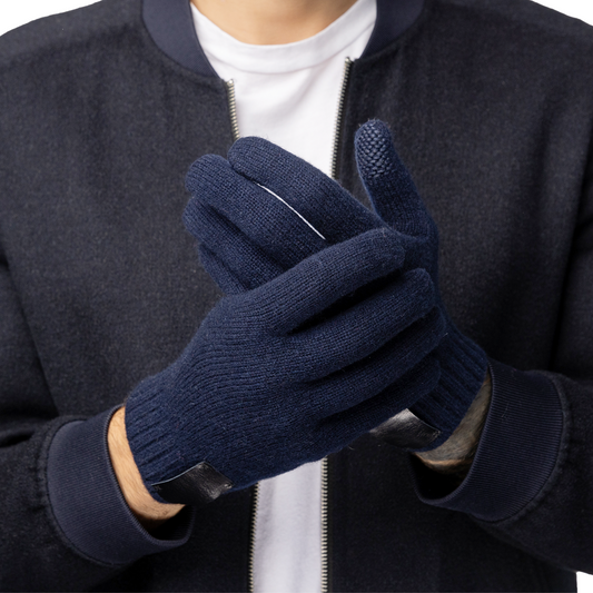 Cashmere Ribbed Gloves with Leather Tab and Touchscreen Sensitive - Navy