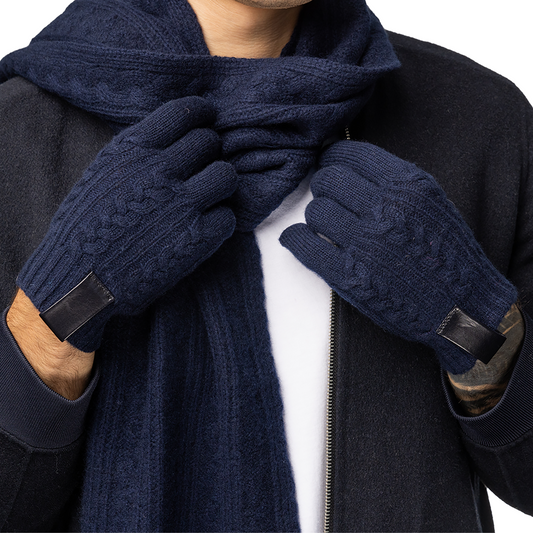 Cashmere Cable Knit Scarf with Leather Tab - Navy
