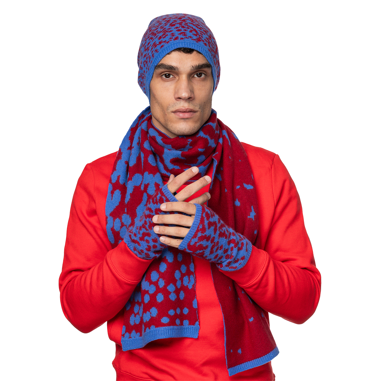 Cashmere Scarf with Contrast Intarsia - Red/Blue