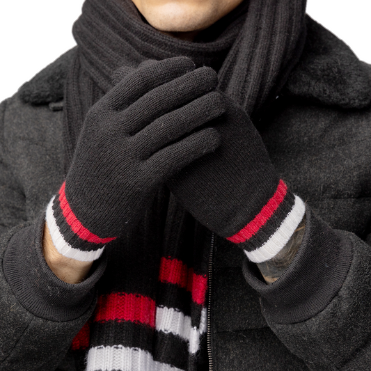 Cashmere Stripe-Cuff Gloves - Black with Red/White