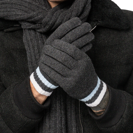 Cashmere Stripe-Cuff Gloves - Heather Charcoal with Powder-Blue/Chalk