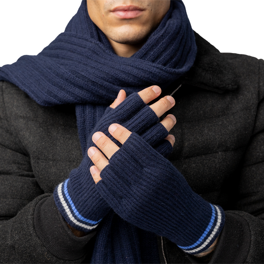 Cashmere Stripe-Cuff Fingerless Gloves - Navy with Cobalt-Blue/Light Heather Grey