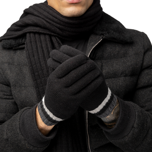Cashmere Stripe-Cuff Gloves - Black with Charcoal/Grey