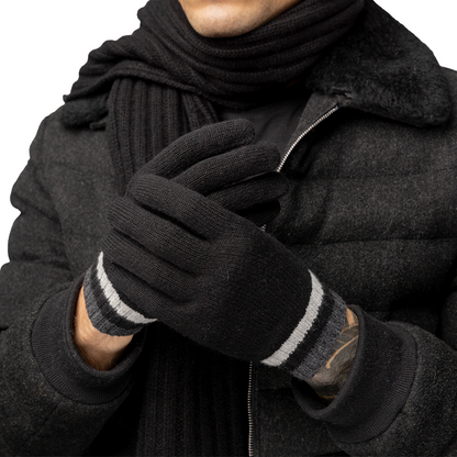 Cashmere Stripe-Cuff Gloves - Black with Charcoal/Grey