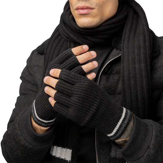 Cashmere Stripe-Cuff Fingerless Gloves - Black with Charcoal/Grey