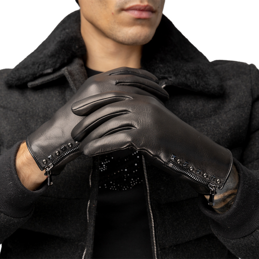 Quilted Leather Gloves with Studs and Side Zipper