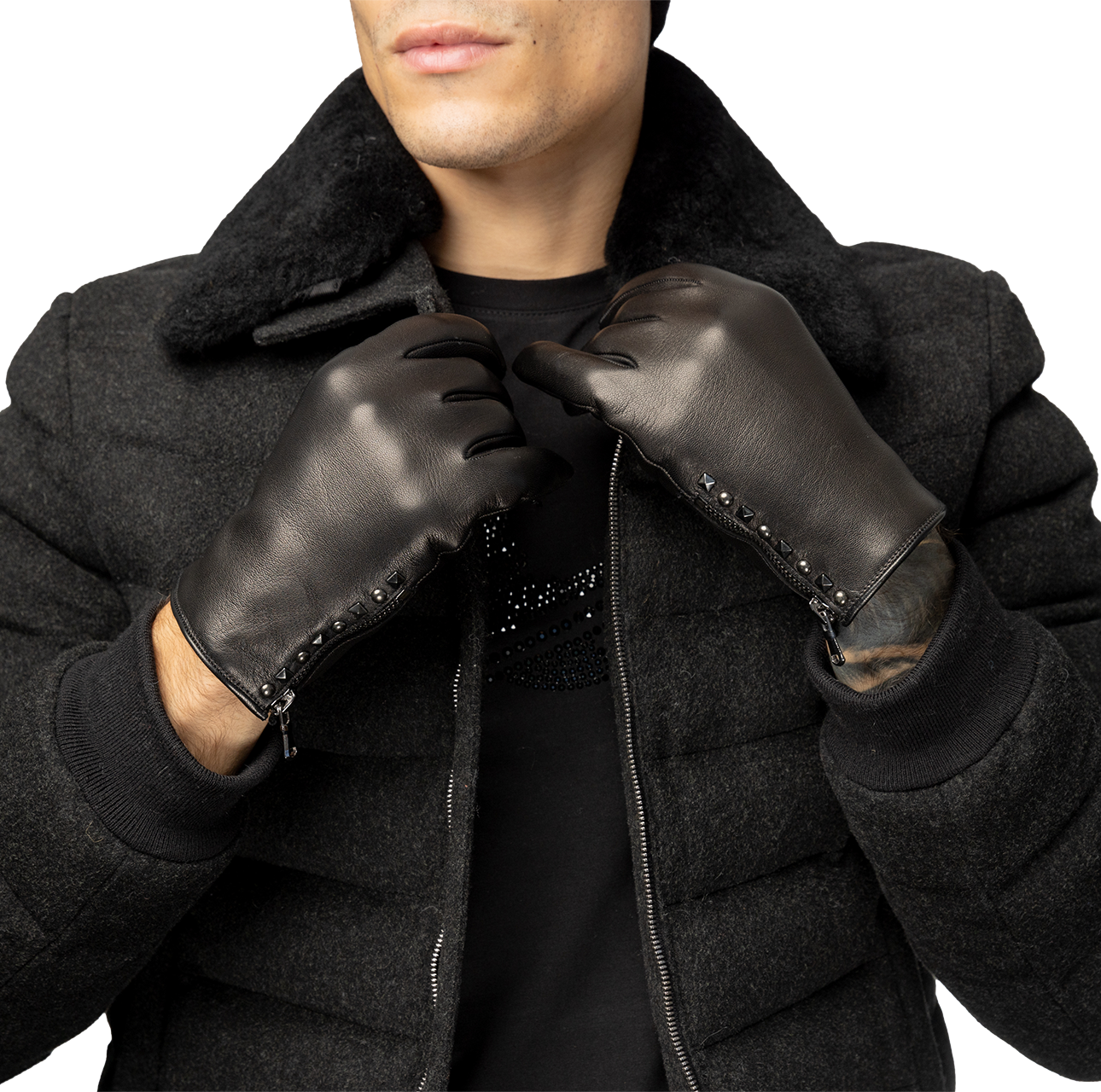 Quilted Leather Gloves with Studs and Side Zipper