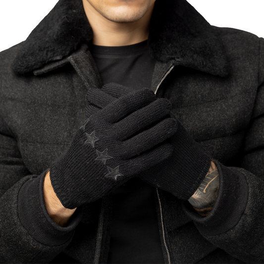 Merino Gloves with Leather Stars - Black