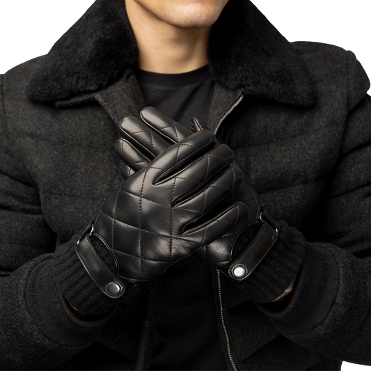 Quilted Diamond Leather Gloves with Button & Cashmere Cuff