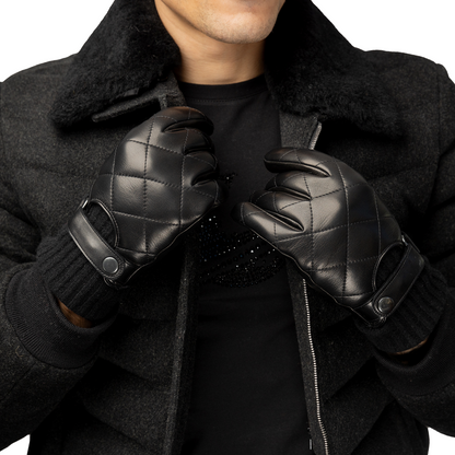 Quilted Diamond Leather Gloves with Button & Cashmere Cuff