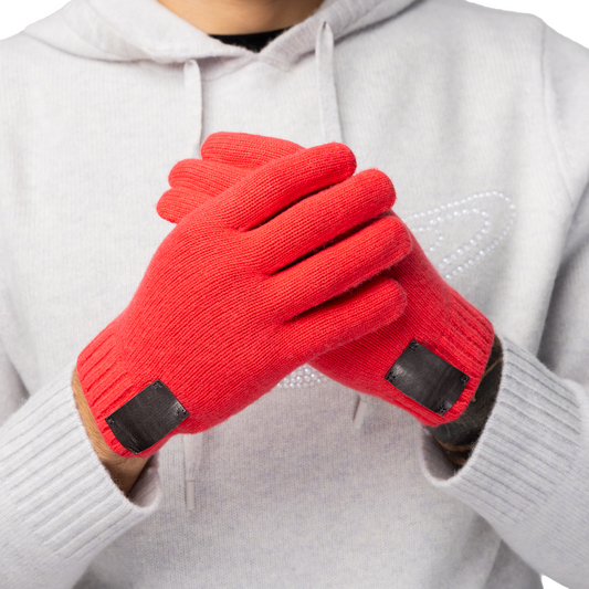 Cashmere Ribbed Gloves with Leather Tab and Touchscreen Sensitive - Cherry