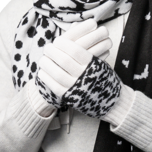 Cashmere Fingerless Gloves with Contrast Intarsia - Black/White