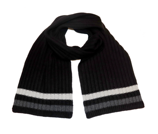 Cashmere Stripe-Edge Scarf - Black with Charcoal/Grey