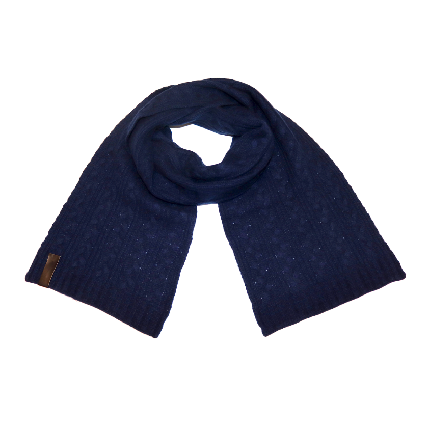 Cashmere Cable Knit Scarf with Leather Tab - Navy